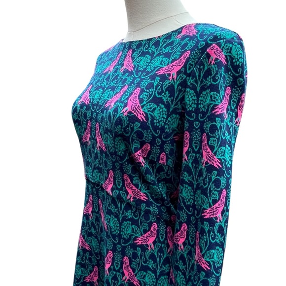 Boden Annie Jacquard A-Line Long Sleeve Teal and Pink Bird Print Dress Size 6R - Picture 6 of 16